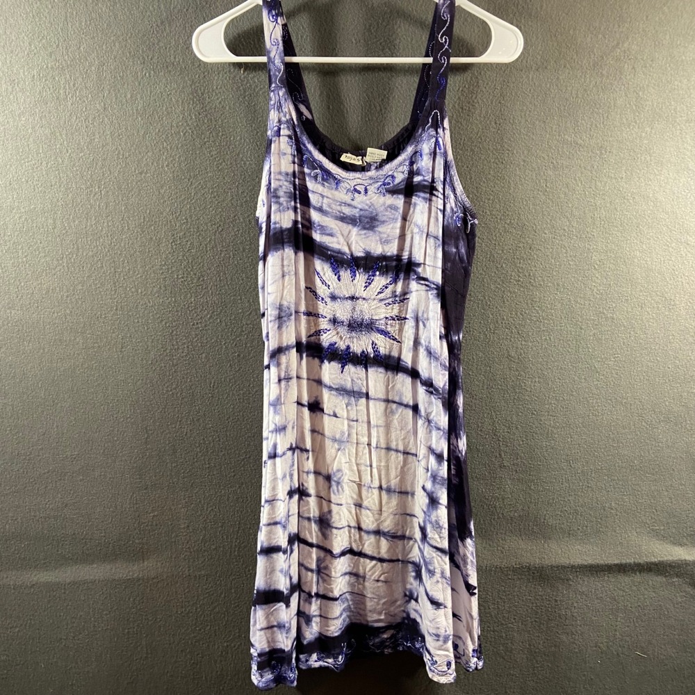 women cotton sunDress medium blue Tie Dye Embroidered sun festival coastal boho